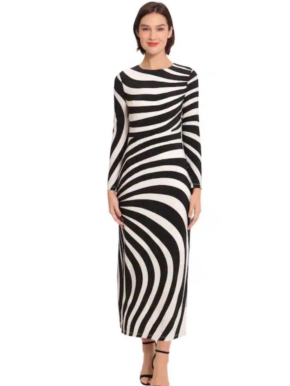 Donna Morgan Black & White Wave-Stripe Long Sleeve Midi Dress